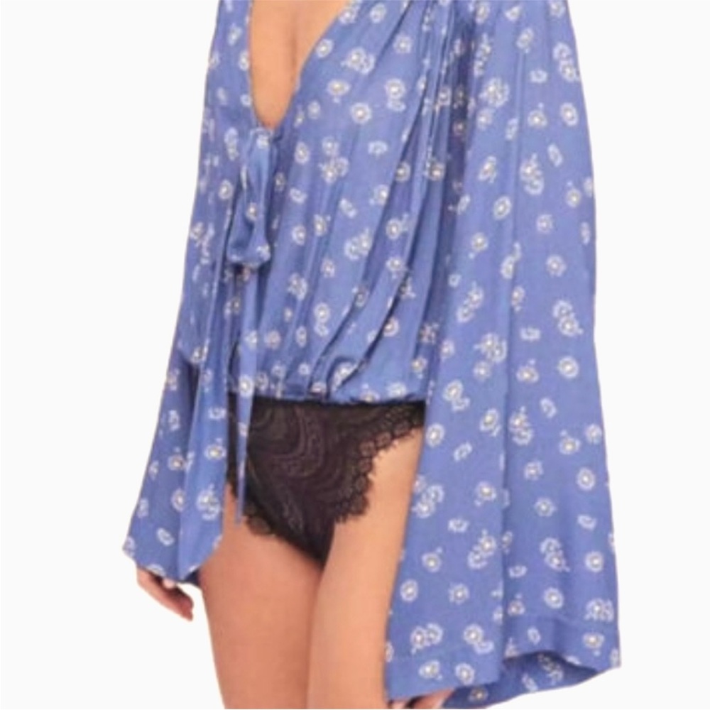 Free People Intimately Forties Feel Blue Daisy V-neck Bodysuit Long Sleeve- L - Picture 3 of 14